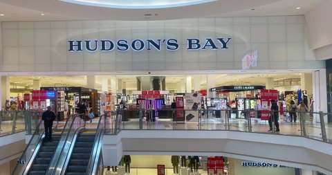 Toronto, Canada - April 29, 2022: Hudson Bay store front inside of the Scarborough Town Center, a famous shopping mall in the city