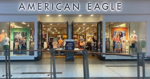 Toronto, Canada - April 29, 2022: American Eagle store front inside of the Scarborough Town Center, a famous shopping mall in the city