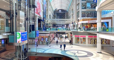 Toronto, Canada - April 29, 2022: Establishing shot indoors at the Eaton Center which is a famous place and tourist attraction