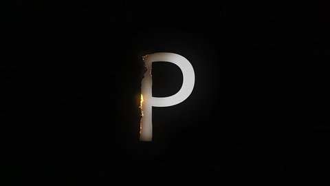 The letter P smolders and burns on a black background, the letter burns