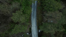 Stunning aerial drone view of aesthetic village countryside mountain road covered with green forest, moss. Scandinavian, nordic healthy traveling exploring outdoors culture. Dreamy, cinematic footage