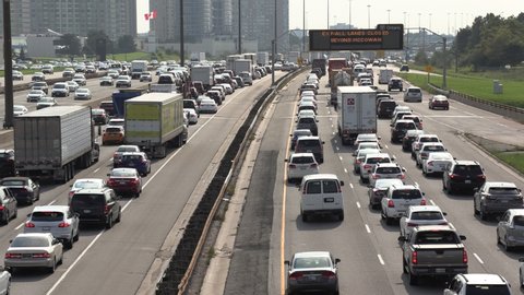 Toronto, Ontario ,Canada April 2022 Massive highway traffic jam and gridlock