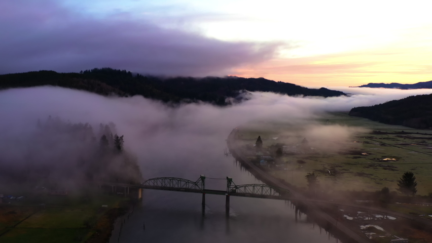 South Coos River Highway Lift Bridge, Oregon. Drone flight at sunrise.
