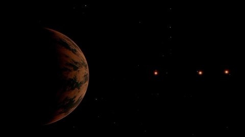 The Trappist star system slowlying with some planets in the blackness of outer space.