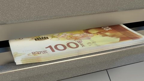 100 Israeli shekels in cash dispenser. Withdrawal of cash from an ATM. Financial transaction in the bank terminal. ILS.