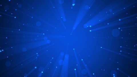 Animated background with slowly falling particles that are illuminated by light and the resulting rays. Abstract scene for design. Blue color.