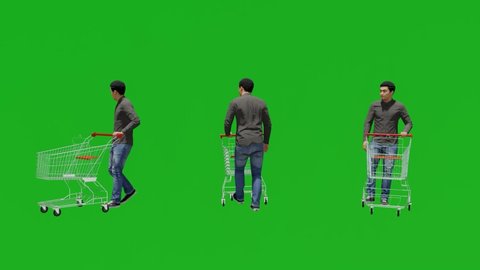 3d shopping cart man in market green screen people chroma key background 3d render animation