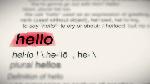 Sukabumi, Indonesia, May 01 2022: The Word Hello Red Highlighted in a Dictionary Animation