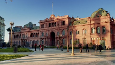 Buenos Aires, Argentina - April 2022: Casa Rosada, the Presidential Palace on Plaza de Mayo, Buenos Aires, Argentina. Zoom In. 4K Resolution.