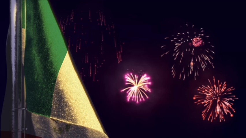 hanging Mexico flag on firework sky bokeh backdrop Royalty-Free Stock Footage #1089777125