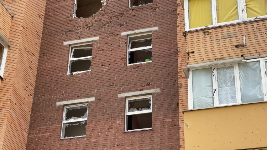 Damaged residential building in the city of Bucha, Kyiv region during the fighting after the Russian attack on Ukraine. Russian-Ukrainian war
