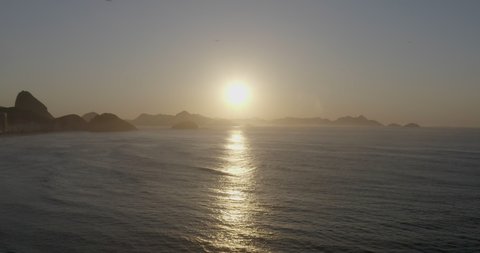 Drone Shot of Seagulls flying in the sky with Sun, Sugarloaf and the ocean background in Copacabana Beach sunrise. May, 2020 - Rio de Janeiro - Brazil 