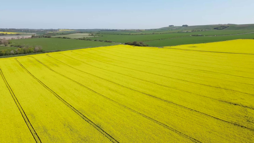 Aerial shot over green and yellow fields of brassica napus plantations revealing beautiful landscape over the varied crops of fields and farms across Europe