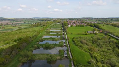 Aerial images over the canal that crosses the city of Devizes, Wiltshire, UK revealing the beauty and structure built to house the boats that crossed the country for hundreds of years.
