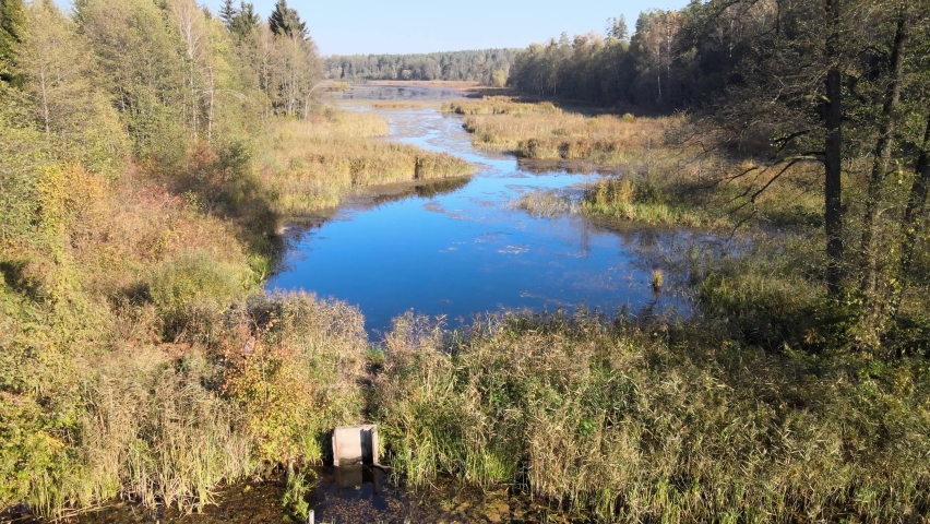 Drone flight over the lake on a sunny ,autumn day.View from above of the with the island among the forests Podlasie.
