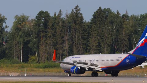 MOSCOW, RUSSIAN FEDERATION - JULY 31, 2021: Boeing 737, VQ-BWF of Aeroflot taxiing to the terminal after arriving at Sheremetyevo Airport (SVO)