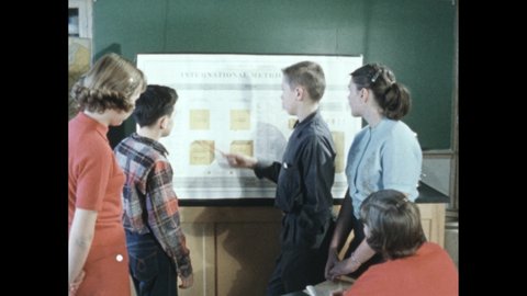 1950s: boy points eraser end of pencil to a chart with "International Metric System" and talks as other children look on, man in leather jacket holds box of film next to 16mm movie camera on tripod