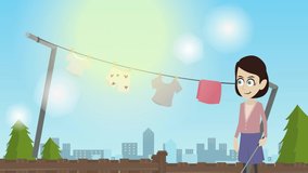 Household laundry day and drying clothes in sunlight cartoon animated concept