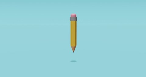 A simple pencil with an eraser rotates around its axis in the air. Yellow pencil with shadow on a blue background. Stationery. Office, school supplies. 3D high-quality video. Loopy animation.
