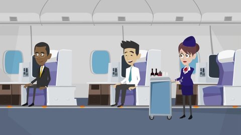 Air hostess serving to business class travelers cartoon animation concept