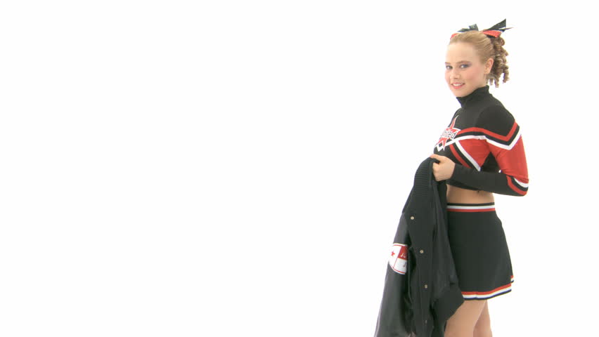Cheerleader throws jacket over her shoulder and leaves the screen