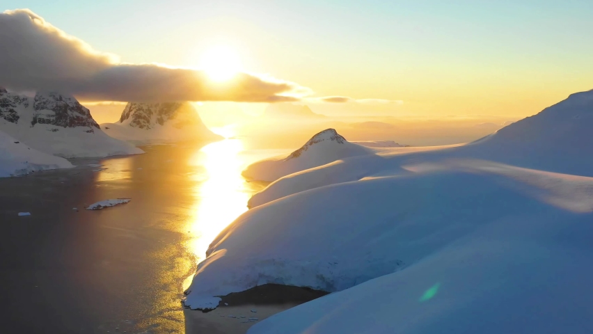 Sunset Over Antarctica, South Pole, Aerial View, Antarctic Ocean, Icebergs