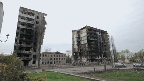 A destroyed residential building in the city of Borodyanka in the Kiev region as a result of bomb attacks by the Russian army. Russian invasion of Ukraine.