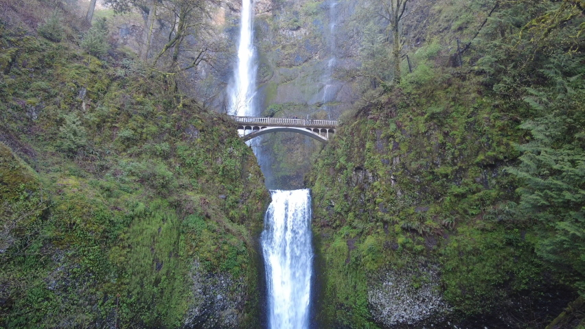 Multnomah Falls plunges over 500 feet from a cliff into the scenic Columbia River Gorge, Oregon. This narrow canyon, with the Columbia River flowing through it, separates Oregon and Washington.