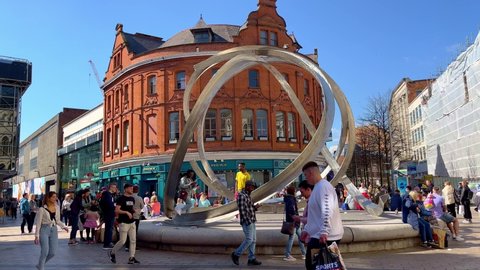 Sculpture in the pedestrian zone in the city center of Belfast - BELFAST, UNITED KINGDOM - APRIL 25, 2022