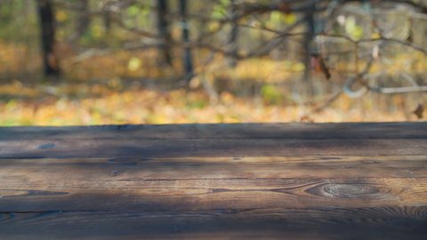 Rustic old wooden table outdoors with autumn leaves falling in the background. Empty table top planks product display with blurred background scene of autumn forest
