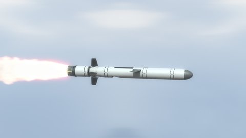 Launched Cruise Missile flying in the clouds. Production Quality Footage in ProRes 4444 codec, 30 FPS.