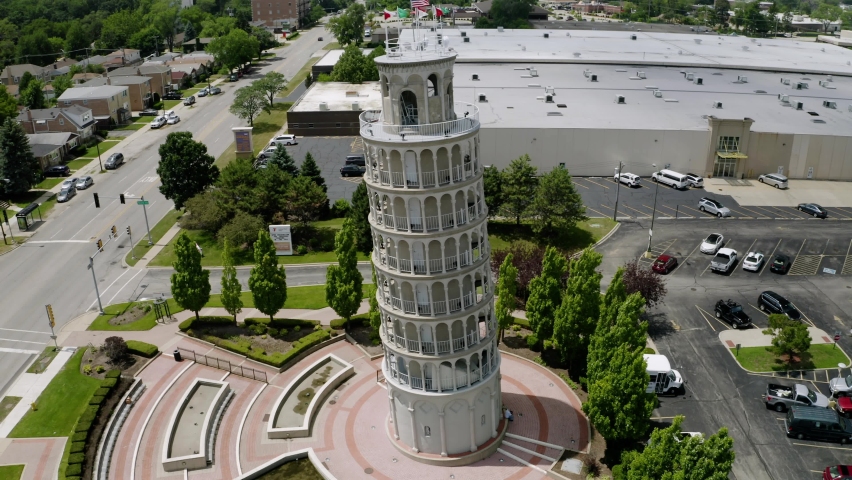 Birds Eye View of Leaning Tower of Pisa Replica, called the Leaning Tower of Niles in Suburban Chicago Royalty-Free Stock Footage #1089796891