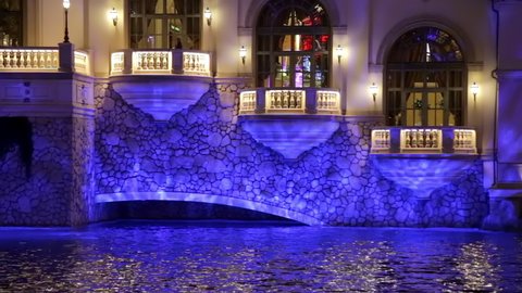 Las Vegas, USA - January 2016 : Pool and facade of the Lago restaurant of the Bellagio hotel at night on the Las Vegas strip in Paradise, Nevada, United States