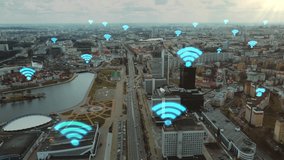 Concept of social networks and wireless digital communication. Interaction of devices connected to the network connected through 5G. Flying over the city with connection with icons of wi-fi signal - Powered by Shutterstock - Get 15% off with code: PIKWIZARD15