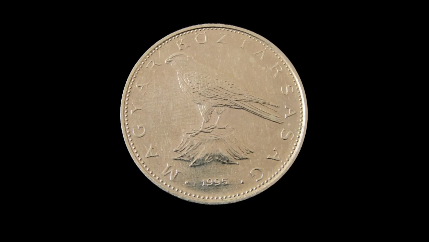 Obverse of Hungary coin 50 forint 1995 with inscription meaning REPUBLIC OF HUNGARY. Isolated in black background.