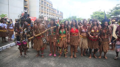 salvador, bahia, brazil - april 26, 2022: Indians from different tribes of Bahia during protests in the city of Salvador. The group seeks improvements to their villages