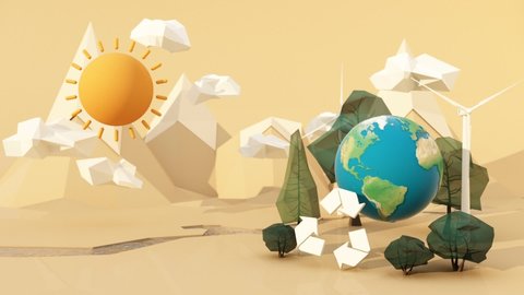 Green earth recycle concept Earth day surrounded by globes, trees, clouds, low poly and sun with windmills on a brown cardboard paper background with rivers. realistic cartoon 3d rendering