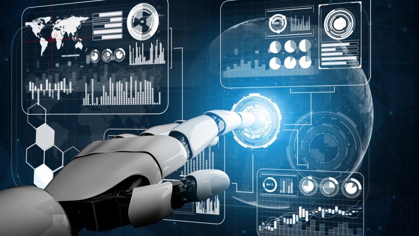 Futuristic robot artificial intelligence revolutionary AI technology development and machine learning concept. Global robotic quantum science research for future of human life. 3D rendering graphic. - Powered by Shutterstock - Get 15% off with code: PIKWIZARD15