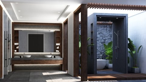 build up modern contemporary wood bathroom with parquet floor and white marble wall with built in mirror counter basin with toilet and outdoor rain shower with skylight. realistic interior 3d render