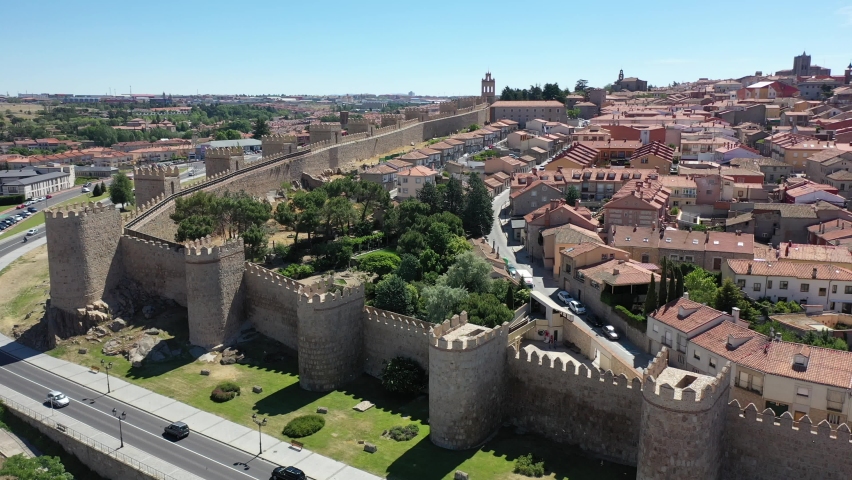 Panoramic top view of historical center of ancient town Avila, Spain