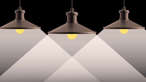 Lamps Animation on dark background. Animated Three Bulb Lighting From the Top White Light . 4K Video with Copy Space	
