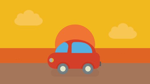Animation Of A Cute Car Running. Sunset