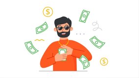 Richness And Poverty video concept. Young moving billionaire man with gold jewelry throws dollar bills and smiles. Successful entrepreneur or businessman. Flat graphic animated cartoon in doodle style - Powered by Shutterstock - Get 15% off with code: PIKWIZARD15