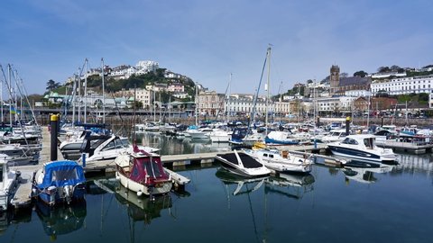 Torquay , United Kingdom (UK) - 04 16 2022: Torquay inner marina busy with holiday makers in a Easter Weekend