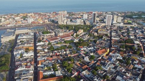 Aerial view of Cartagena city, Colombia. Cartagena is a Colombian port city on the Caribbean coast. Thanks to its tropical climate, Cartagena is popular with beach lovers.