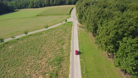 A drone tracking the car on the road in the forest area.