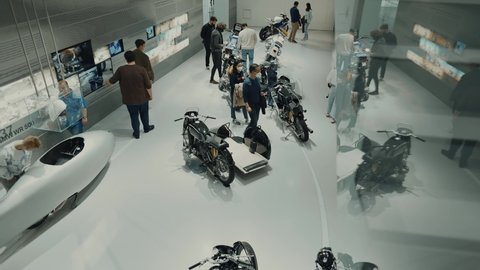 April 15, 2022. Munich, Germany. BMW Museum. BMW car and motorcycle exhibition. Exhibition and achievements of exhibits of legendary models of cars and motorcycles in BMW Museum. Bayern, Deutschland