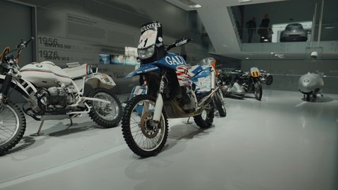 April 15, 2022. Munich, Germany. BMW Museum. BMW car and motorcycle exhibition. Exhibition and achievements of exhibits of legendary models of cars and motorcycles in BMW Museum. Bayern, Deutschland
