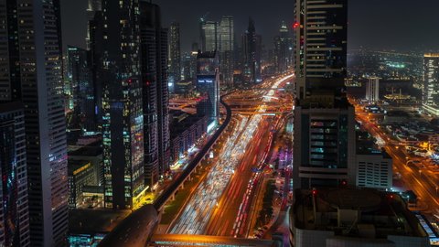 Dubai, United Arab Emirates - October 20 2021: Night Time Lapse from Sheikh Zayed Road and the skyline of Dubai