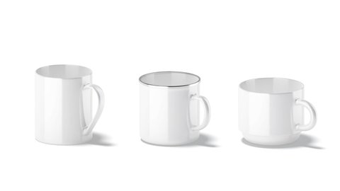Blank white ceramic mug mockup set stand, looped rotation, 3d rendering. Blank cylindrical, enamel, stacking ceramics cup mock up, isolated on white background. Cycled coffeemug with handle template.